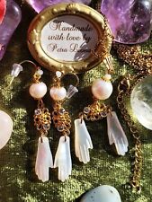 SET Ohrringe + Kette PERLE MUSCHEL Hamsa Hand Geburtsstein JUNI Edelstein -stahl