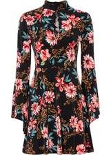 Kleid mit Cutout am Ausschnitt Gr. 36/38 Schwarz Grün Rot Floral Minikleid Neu