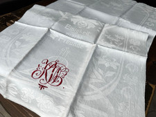 Jugendstil Halbeinendamast Handtuch Spruch Prunkmonogramm um 1900