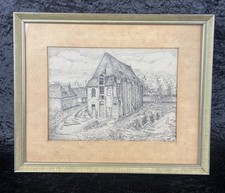 Zeichnung Kirche Dorfansicht signiert gerahmt alt Architektur Grafik