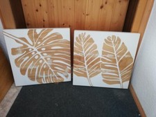2 Bilder Bild Holzschnitt Holz Monstera Weiß 40 x 40 Kunst