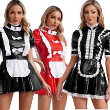 DE Damen Dienstmädchen Kostüm Wetlook Leder Maid Kleid Cosplay Party Clubwear