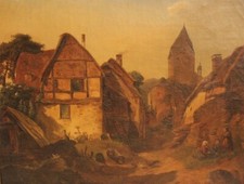 Uraltes Ölgemälde Straßenszene Romantiker 1. H. 19. Jh.