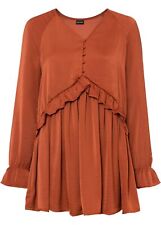 Neu Long-Satin-Tunika mit Volant Gr. 38 Rostbraun Langarm Bluse Minikleid