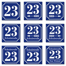 Hausnummer Hausnummernschild Retro - Alu Verbund - blau - Wunschtext - weiß