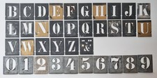Alte Druck / Farb Schablonen Zahlen, Buchstaben & Zeichen aus Weißblech, 1920/30