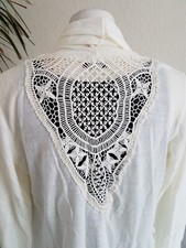 lange Strickjacke Cardigan Zipfeljacke mit Häkelspitze Feinstrick Weiß Gr 36 38