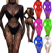 Damen Netz Bodysuit Bodystockings Transparent Catsuit Overall Sexy Strumpfhose