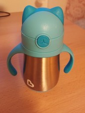 Munchkin Edelstahl Trinkbecher, Trinklernbecher, Blau, Strohhalm, Katze 