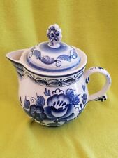 Porzellan Teekanne Gzhel Gshel  blau weiß Blumen Russland UdSSR h 19 cm