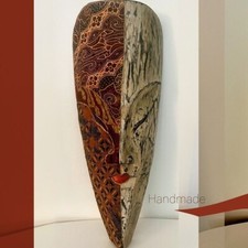 Wanddekoration 50 cm Holzmaske handgeschnitzt und teilweise mit Stoff überzogen