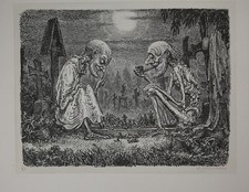 A. Paul Weber: Gespenster". Schach auf Friedhof Lithographie Griffelkunst E 121