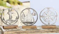 Aufsteller Holz Deko Maritim 21 cm hoch silber Anker Boot Windrose Motivwahl