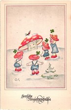 AK Neujahr Glückwunsch, Kinder Fliegenpilz, Künstler, Kleinformat