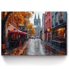 Leinwand Bild Köln im Herbst Cafe Straßenszene Gemälde Wandbilder XXL 6591A