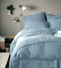 100% Leinen Bettwäsche 200x200+2/80x80 Blau-Grau Bettwäschegarnitur stonewash Ne
