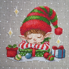 Stickbild Point de Croix  Weihnachts-Elf  Wichtel Leinen  Acufactum  Dmc