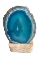 Edelstein Lampe Achat Teelicht – Blaue Achatscheibe mit Teelichthalter aus Holz,