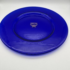 7x MCM Servier Teller 34 cm Platzteller Glasteller blau glas Gold Logo