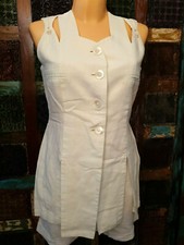 k336 LEINEN S 36 38 Long Bluse Shirt Gehrock Tunika Bestickt Natur Weiß Schlitze