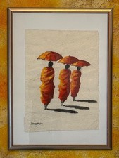 Mönche unter dem Schirm“ – Originalgemälde auf handgeschöpftem Papier