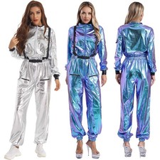 DE Damen Astronaut Kostüm Sliber Jumpsuit Einteiler Overall Glänzend Raumanzug 