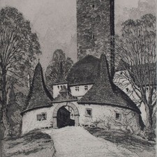 Rudolf Veit Rothenburg Burg Historische Ansicht signiert Radierung Mitte 20 Jh