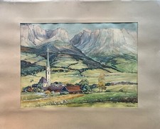 Großes Aquarell Kirchdorf in