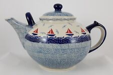 B-Ware Bunzlauer Keramik Teekanne , blau/weiß für 2,9Liter, Segelboote(C001-DPML