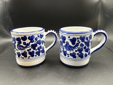 2 Handbemalte Italienische Tassen Deruta Arabesco Blau Vogel Sehr Guter Zustand