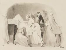 J. ADAM (1821-1874), Trauernde am Sterbebett, Pinsel Biedermeier Porträt