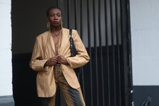 Vintage Oversize Blazer 80er Gold Leinenmix Damenjacke Y2K Minimalistisch S-M