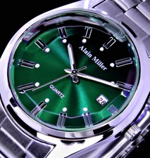 Alain Miller Herren Armband Männer Uhr Grün Silber Farben Datum 005