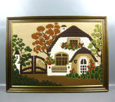 großes Stickbild Gobelin Landhaus Stickerei 89x66cm Handarbeit Vintage 70er Jh.