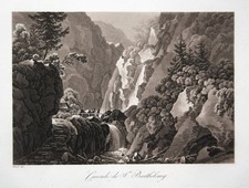 ca. 1825 Königssee Wasserfall St. Bartholomä Rösel Aquatinta aquatint