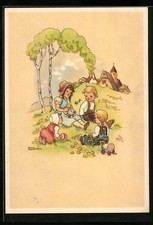 Künstler-AK Liesel Lauterborn: Kinder auf der Wiese beim Blumekranz knüpfen 194 