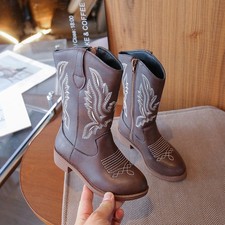 Neu Mädchen Schuhe Mid-Calf Western Cowboystiefel Stickerei Kunstleder Stiefel