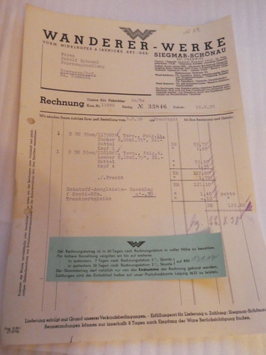 Wanderer fahrrad rechnung 1938 - wanderer,