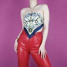 VINTAGE 70er 80er Steigbügel blau Kette Schal Bluse Crop Taschentuch Top XS 4 6