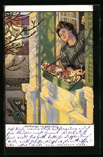 Künstler-AK G. Hirth´s Verlag, Serie: XVI, 1., Frau am Fenster mit Blumenkasten 