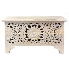 Shabby Chic Holztruhe Indische Truhe Truhentisch Blumen Schnitzerei weiß 80cm