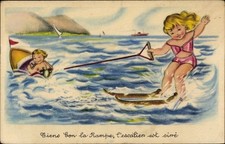 Künstler Ak Mädchen fährt Wasserski, Boot - 4160744