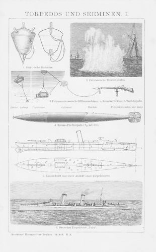 Torpedo und seeminen holzstich - torpedo,