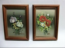 2er Set Bilder, gemalt, Blumen, im Holzrahmen