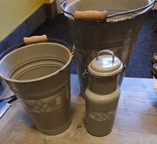 DDR Emaileeimer groß klein 1 x Milchkanne mit Deckel Aufdruck blaue Schwerter