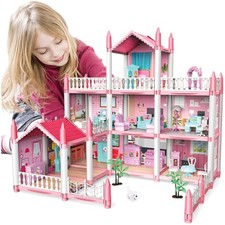 Puppenhaus, DIY 3-stöckiges Spielset, Möbel, Zubehör, rosa, Geschenk für Mädchen