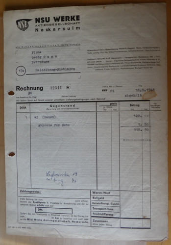 Original nsu rechnung 1948 - rechnung,