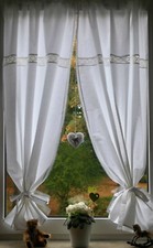 Landhaus Gardine Set 2 St weiß Spitze 120x75 Gesamt 150cm breit+2 Bindebänder