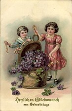 Ak Glückwunsch Geburtstag, Kinder, Blumenkorb, Glücksklee - 4519780