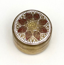 Vintage Pillendose Antik Schmuckschatulle Emaille Messing Blumen Box Dose #3653